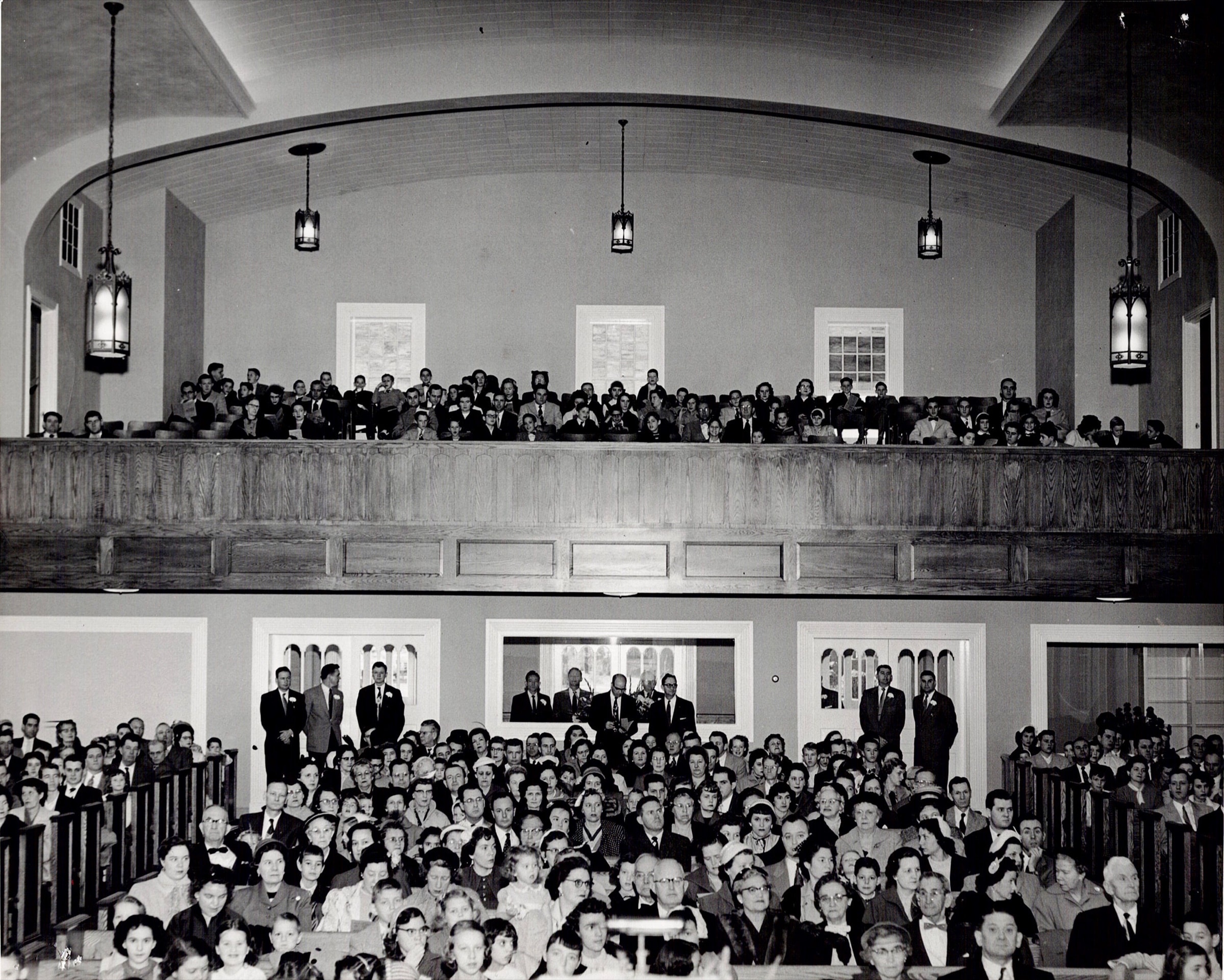 Congregation filling the Main Hall and balcony during worship in 1955.