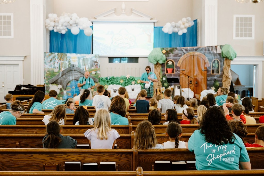 Kids filling the Main Hall during Vacation Bible School.